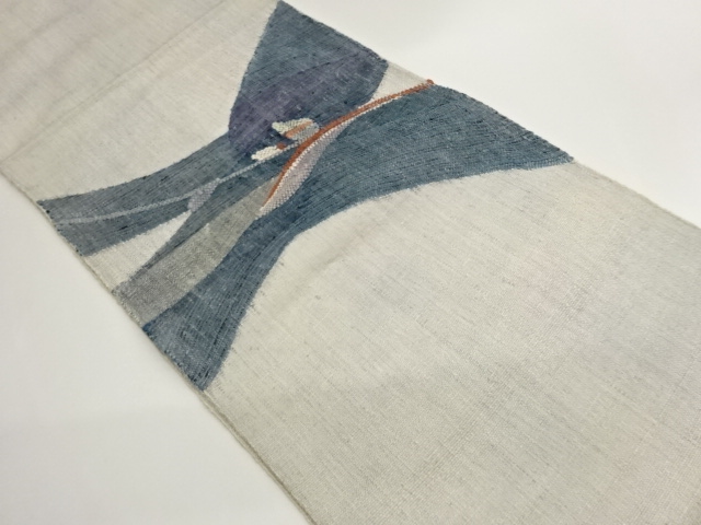 JAPANESE KIMONO / NAGOYA OBI / SILK / HAND WOVEN / MAWATA TSUMUGI / ABSTRACT STRIPE & LEAVES
